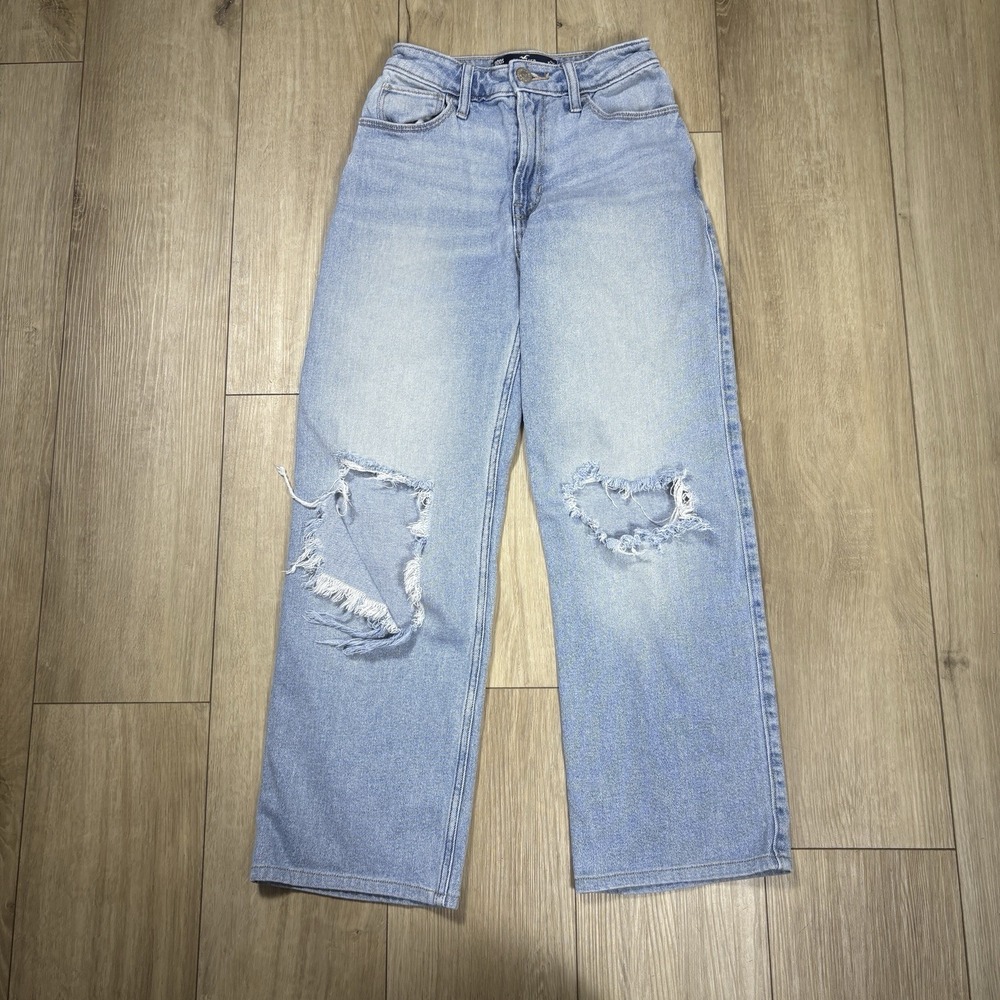 Hollister Ultra High-Rise Dad Jeans Light Blue Denim Distressed Frayed Hem 000S‎